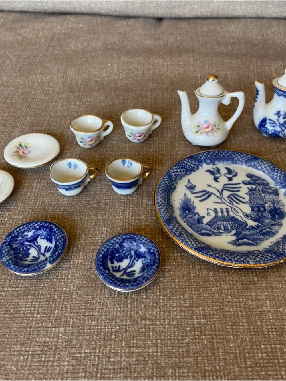 Porcelain Miniature Tea Set - Blue and White with Gold Trim